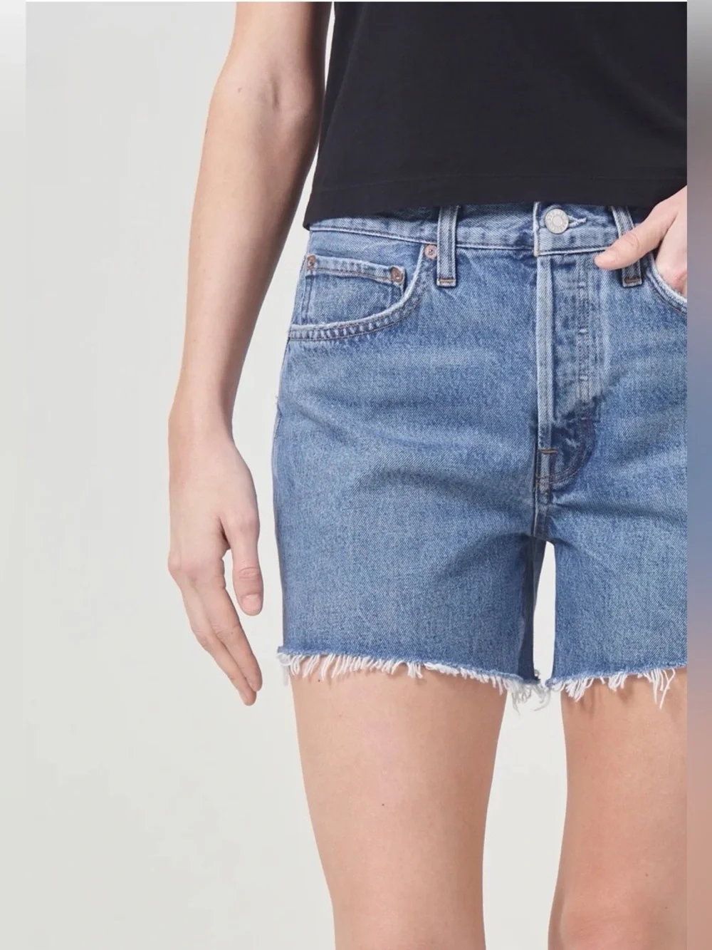Agolde Parker Long Shorts in Skywave Denim Frayed | Size 26 | NWOT